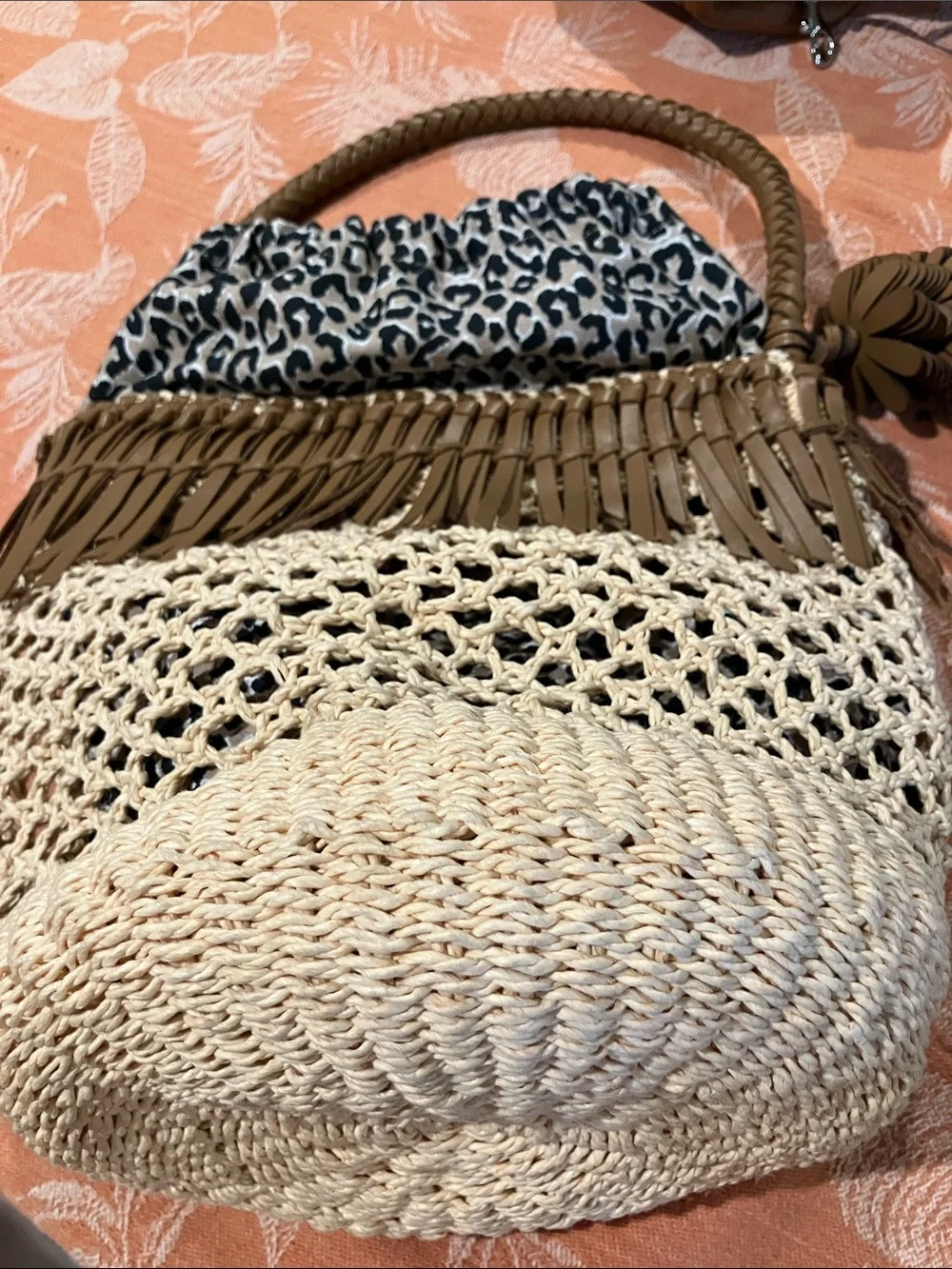 Chico's Tan & Cream Woven Fringe Drawstring Tote
